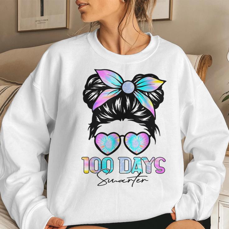 100 Days Smarter Girls Messy Bun Hair 100Th Day Tie Dye Women Sweatshirt Gifts for Her