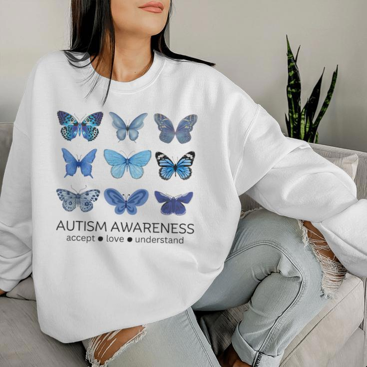 In April We Wear Blue Butterfly Autism Mental Health Women Sweatshirt Gifts for Her