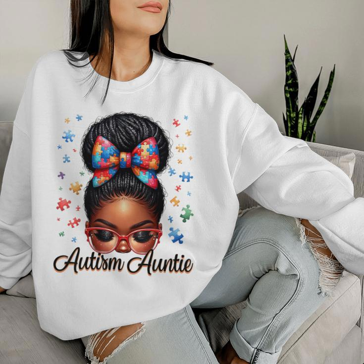 Autie Aunt Life Afro Black Autism Awareness Messy Bun Women Sweatshirt Gifts for Her