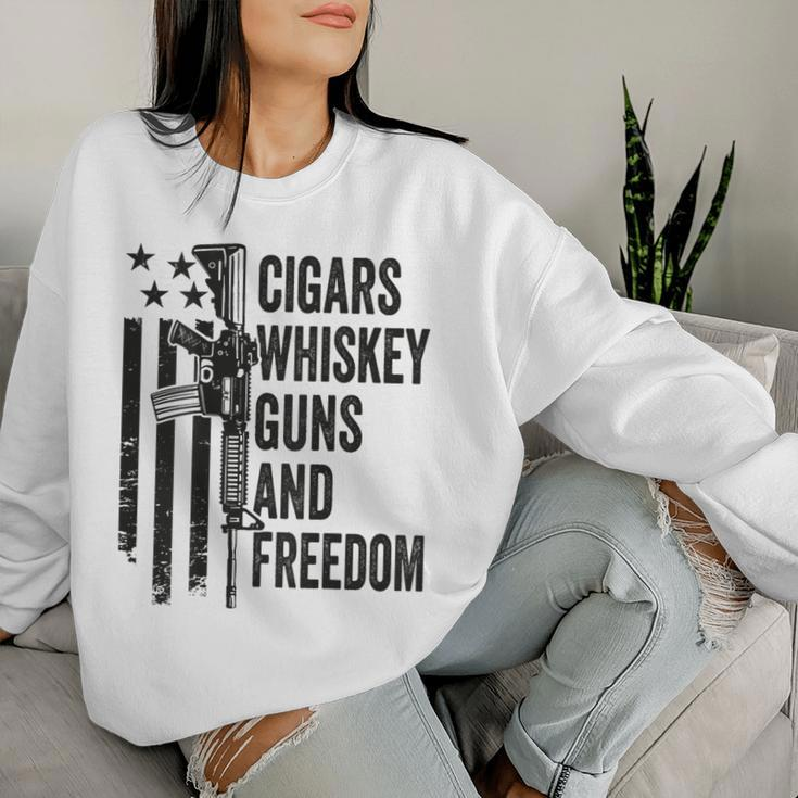 Cigars Whiskey Guns & Freedom Camo Gun Drinking- On Back Women Sweatshirt Gifts for Her
