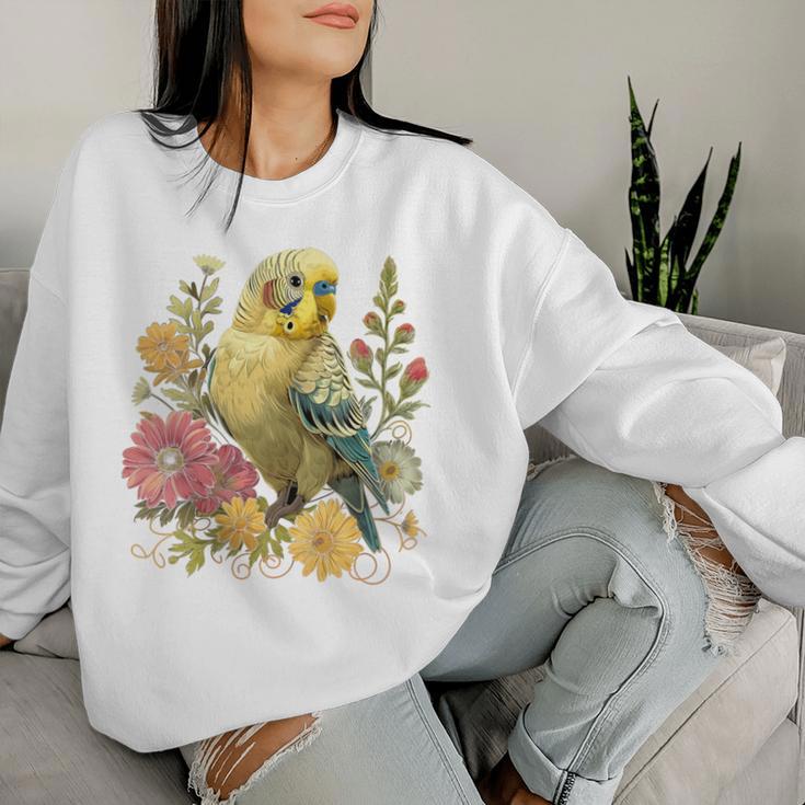 Damen Wellensittich Sittichogel Mama Papageiintage Blume Mit-Ausschnitt Sweatshirt Frauen Geschenke für Sie