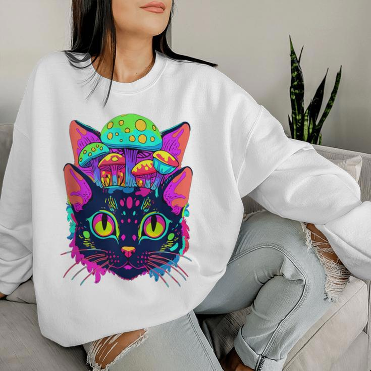 Edm Rave Trippy Cat Mushroom Psychedelic Festival Women Sweatshirt Gifts for Her