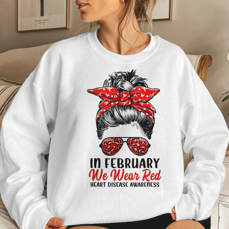 In February We Wear Red Messy Bun Heart Disease Awareness Women Sweatshirt Gifts for Her