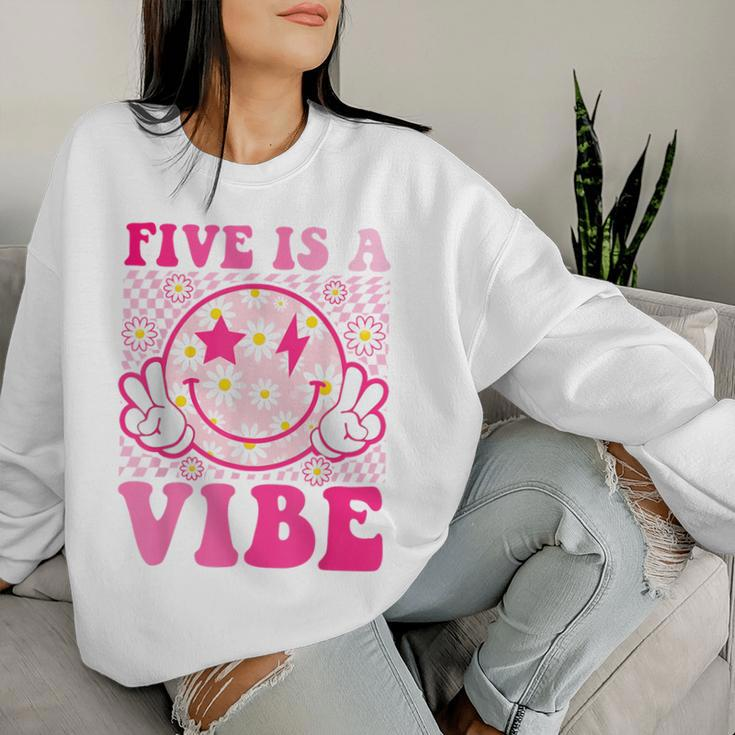 Five Is A Vibe 5Th Birthday Groovy 5 Years Old Smile Face Women Sweatshirt Gifts for Her