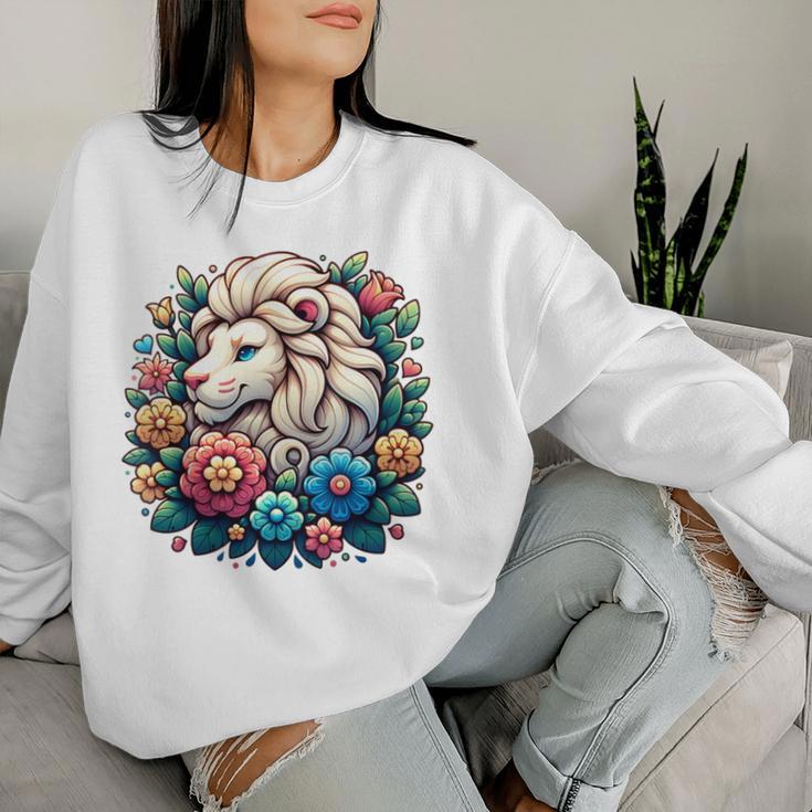 Floral Lion Head With Vintage Flowers Cartoon Animal Lover Women Sweatshirt Gifts for Her