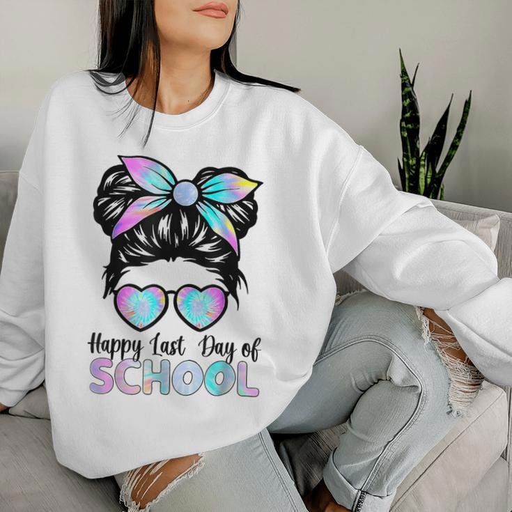 Happy Last Day Of School Teacher Girls Messy Bun Women Sweatshirt Gifts for Her