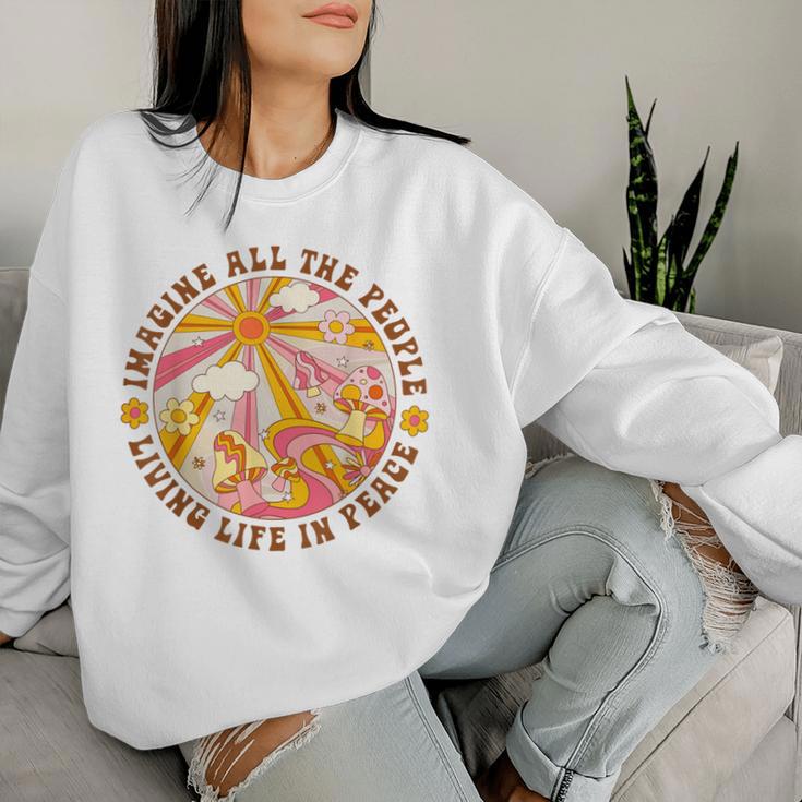 Hippie Imagine Living Life In Peace Sign Mushroom Retro 70S Women Sweatshirt Gifts for Her