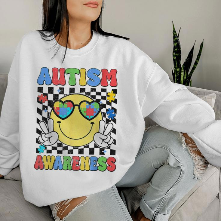 Retro Groovy Autism Awareness Hippie Smile Face Boy Girl Kid Women Sweatshirt Gifts for Her