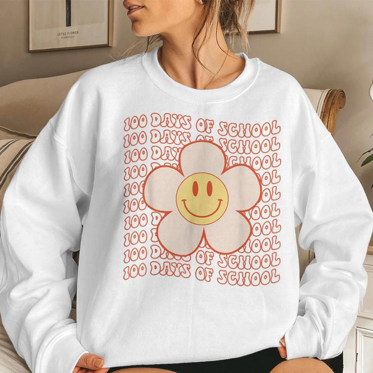Retro Groovy Happy Face 100 Days Of School Cute 100Th Day Women Sweatshirt Gifts for Her