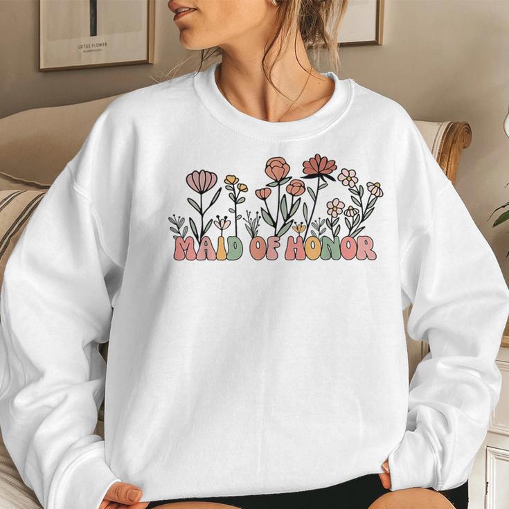 Retro Groovy Maid Of Honor Floral Bachelorette Party Bridal Women Sweatshirt Gifts for Her