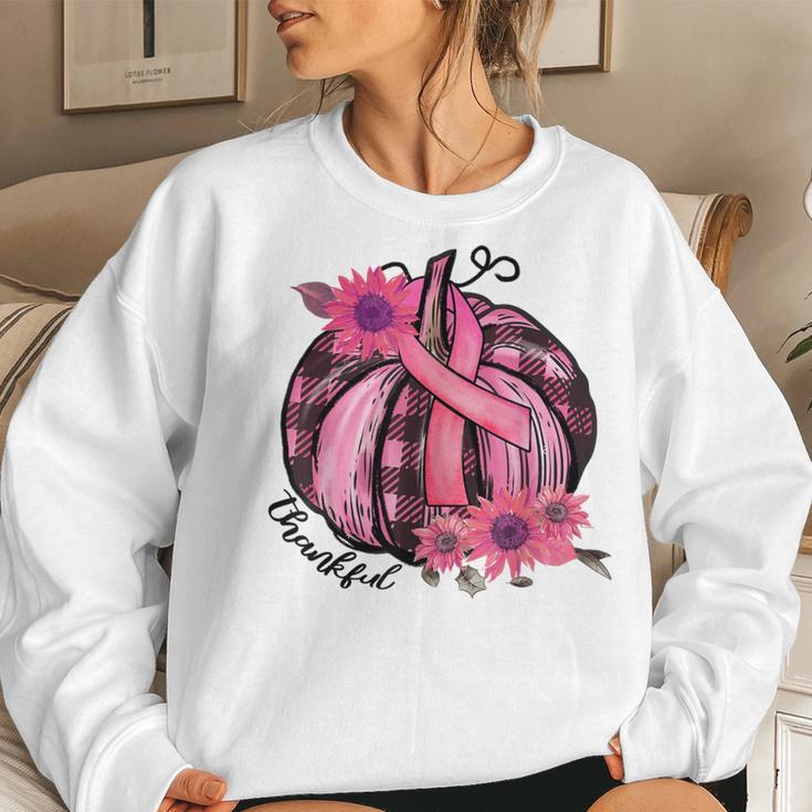 Thankful Pink Pumpkin Sunflower Breast Cancer Awareness Women Sweatshirt Gifts for Her