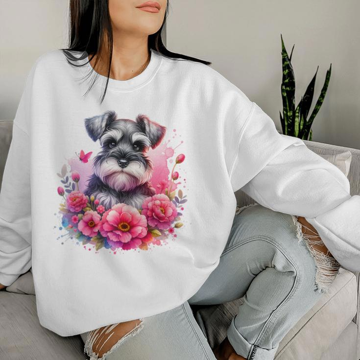 Watercolor Cute Miniature Schnauzer Dog Mom Pink Flowers Women Sweatshirt Gifts for Her