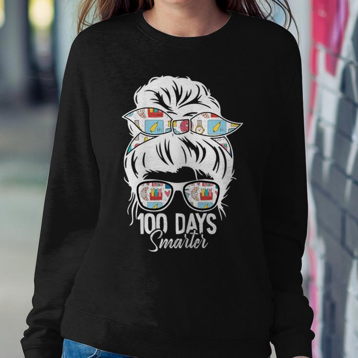 100 Days Smarter 100Th Day Of School Messy Bun Mom Women Sweatshirt Personalized Gifts