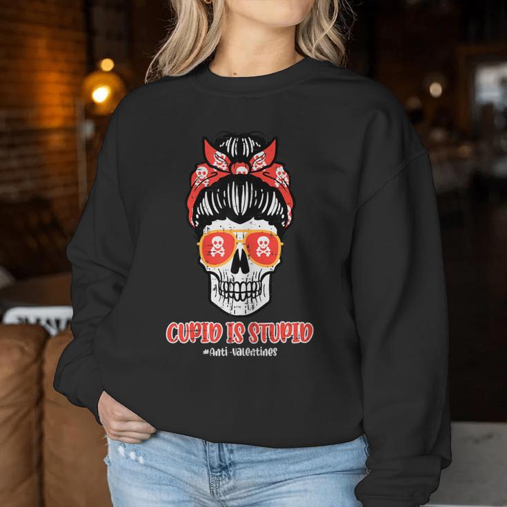 Anti Valentines Day Cupid Is Stupid Skull Messy Bun Women Women Sweatshirt Unique Gifts