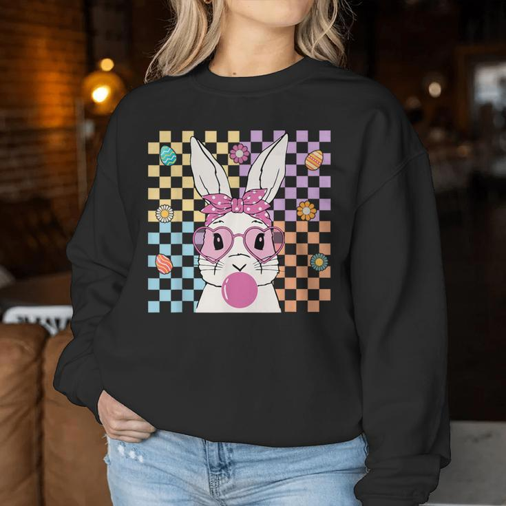 Cute Bunny With Bandana Bubblegum Retro Groovy Easter Day Women Sweatshirt Unique Gifts