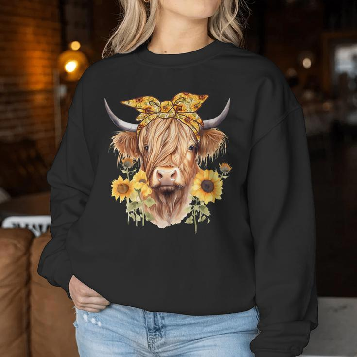Cute Scottish Highland Cow Wearing Sunflower Bandana Heifer Women Sweatshirt Unique Gifts