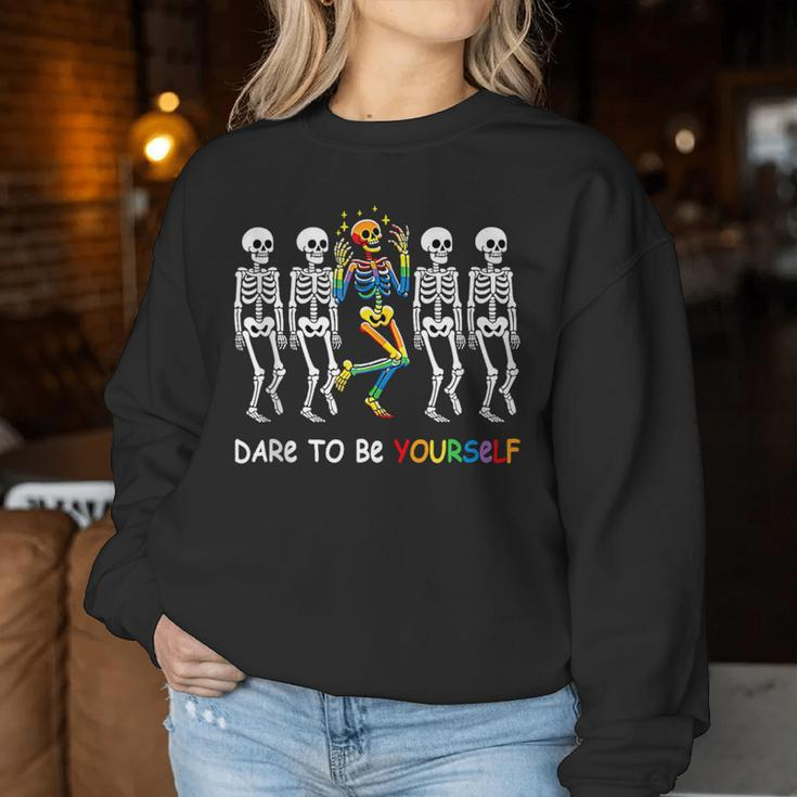 Dare To Be Yourself Rainbow Skeleton Lgbt Pride Month Women Sweatshirt Unique Gifts