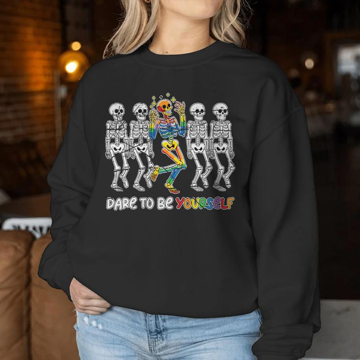 Dare To Be Yourself Skeleton Bisexual Gay Lesbian Lgbt Pride Women Sweatshirt Unique Gifts