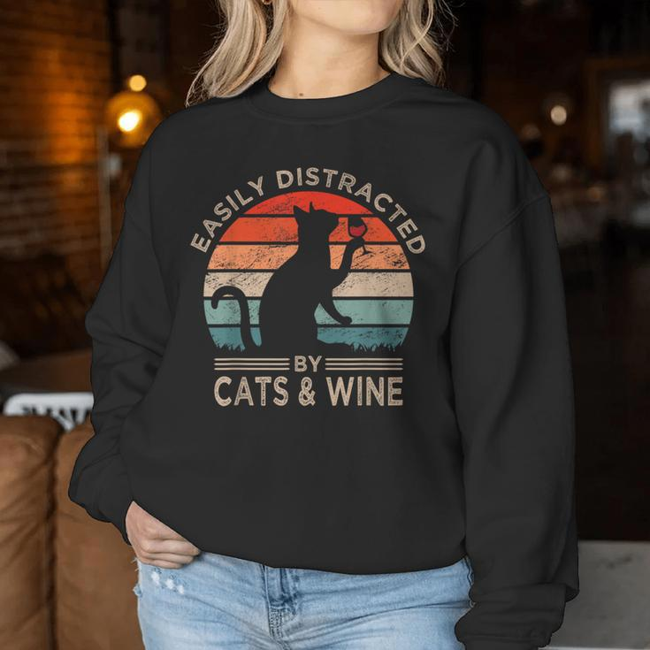 Easily Distracted By Cats & Wine Vintage Cats Wine Women Sweatshirt Unique Gifts