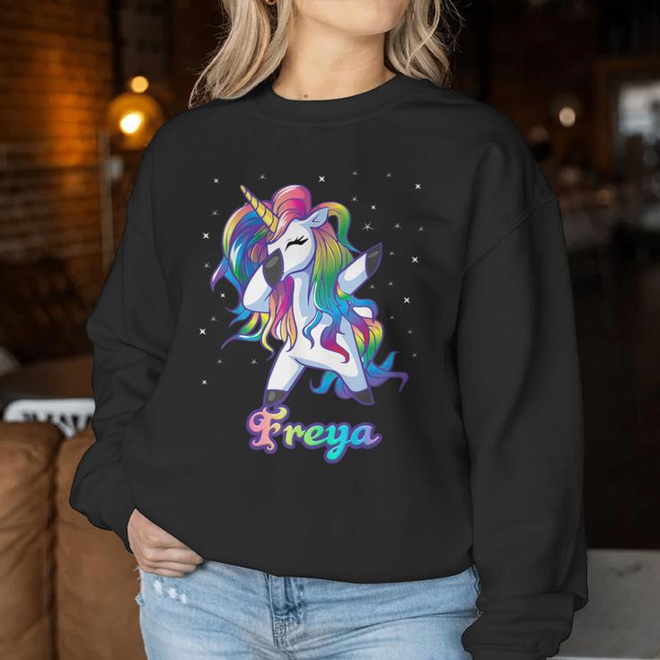 Freya Name Personalized Custom Rainbow Unicorn Dabbing Women Sweatshirt Unique Gifts