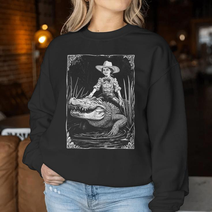 Girl Riding Alligator Weird Florida Crocodile Meme Women Sweatshirt Unique Gifts