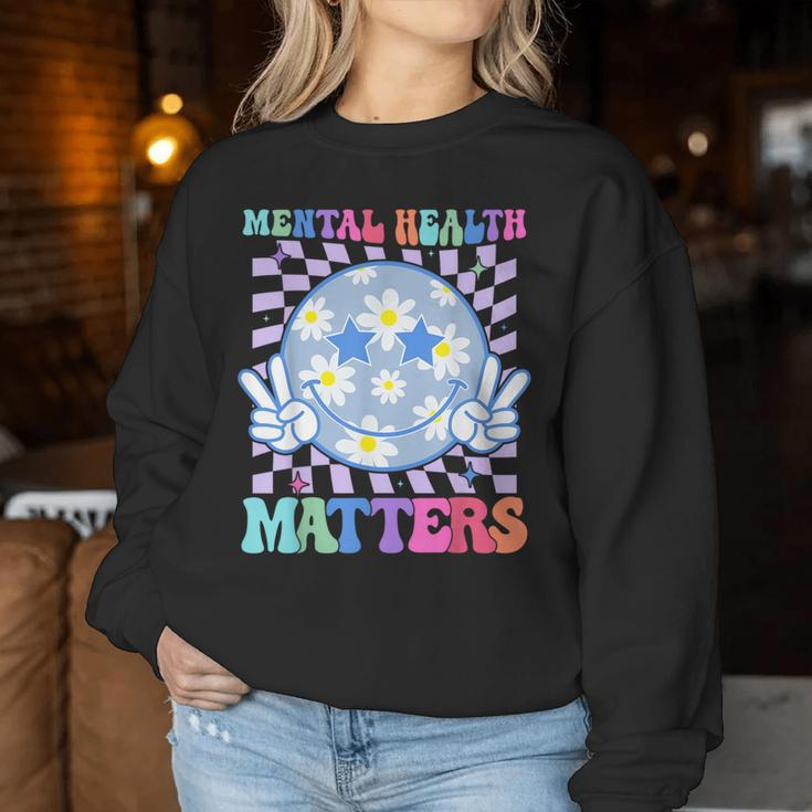 Groovy Mental Health Matters Flower Autism Smile Face Men Women Sweatshirt Unique Gifts