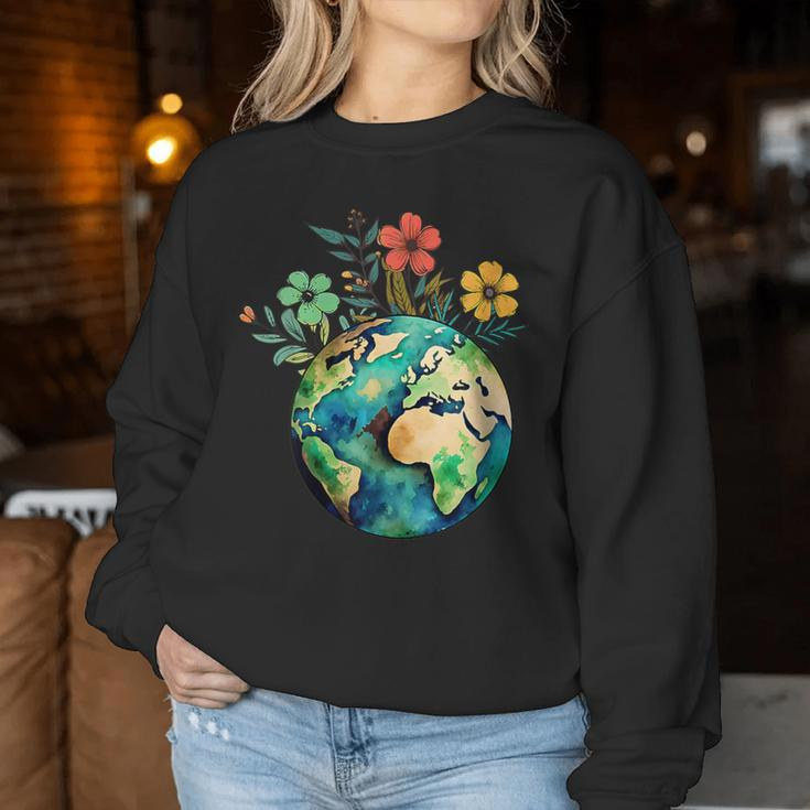 Happy Earth Day Cute Earth With Floral Earth Day 2024 Women Sweatshirt Unique Gifts