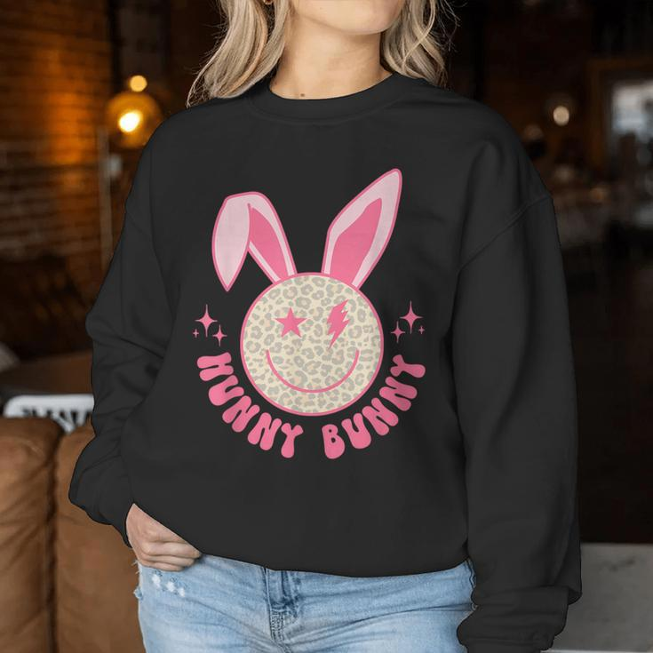 Hunny Bunny Retro Groovy Easter Leopard Smile Face Rabbit Women Sweatshirt Unique Gifts