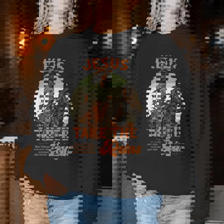 Jesus Take The Reins Christian Black Cowgirl Western Texas Women Sweatshirt Unique Gifts