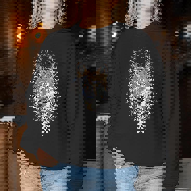 Loup Native Tribal Indien Plumes Attrape-Rêves Loups Avec Col En V Women Sweatshirt Cadeaux drôles