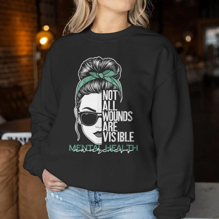 Not All Wounds Are Visible Messy Bun Mental Health Awareness Women Sweatshirt Funny Gifts