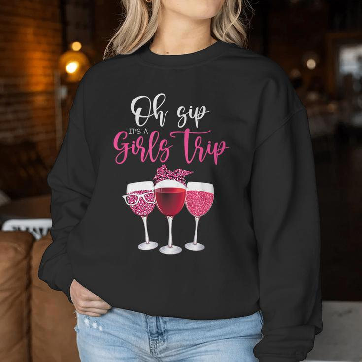 Oh Sip It's A Girls Trip Leopard Print Wine Glasses Women Sweatshirt Personalized Gifts