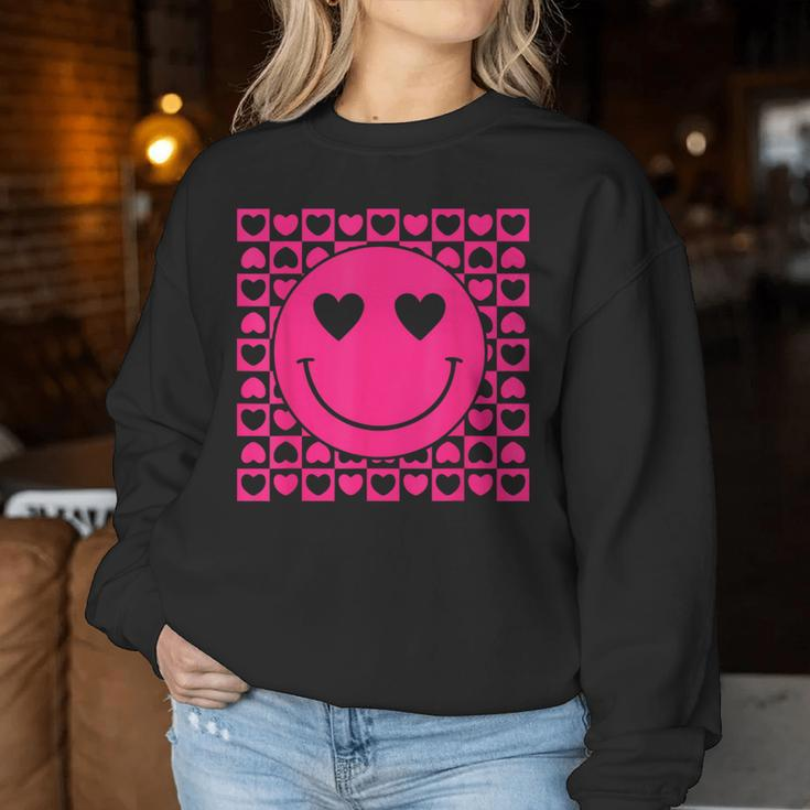 Pink Smile Face Heart Eyes Groovy Heart Valentine's Day Women Sweatshirt Unique Gifts