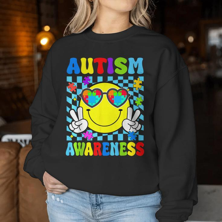 Retro Groovy Autism Awareness Hippie Smile Face Boy Girl Kid Women Sweatshirt Unique Gifts