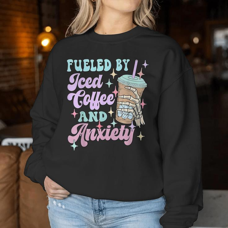 Retro Groovy Coffee Fueled By Iced Coffee And Anxiety Women Sweatshirt Unique Gifts