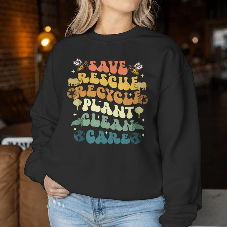 Retro Groovy Save Bees Rescue Animals Recycle Earth Day 2024 Women Sweatshirt Unique Gifts
