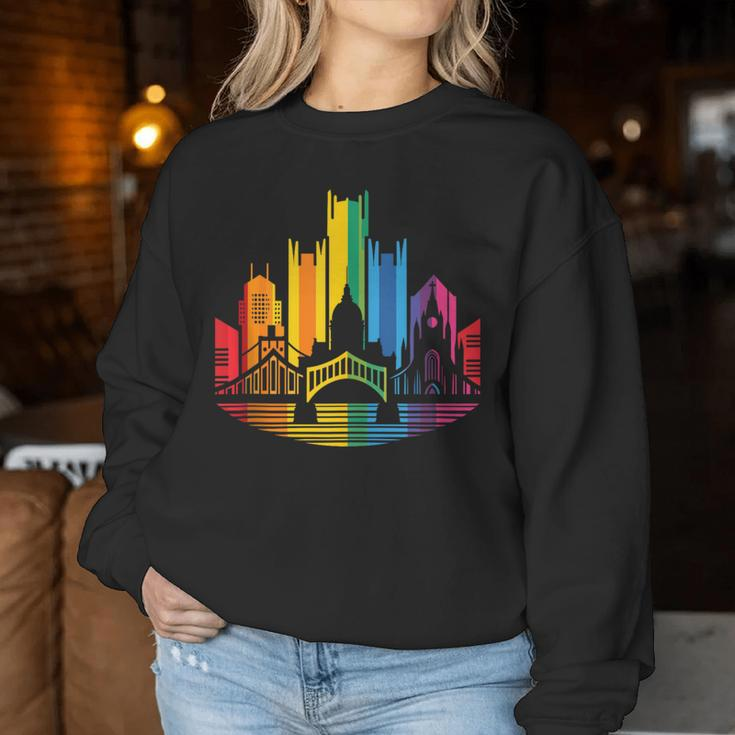 Retro Pittsburgh Skyline Rainbow Lgbt Lesbian Gay Pride Women Sweatshirt Unique Gifts