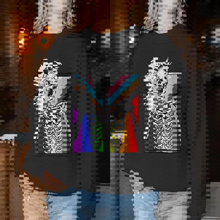 Skeleton Drinking Coffee Gay Pride Skull Lgbt-Q Ally Women Sweatshirt Unique Gifts