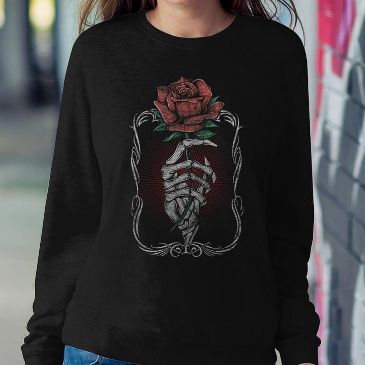 Skeleton Hand Rose Red Flower Gothic Tattoo Skull Occult Women Sweatshirt Unique Gifts
