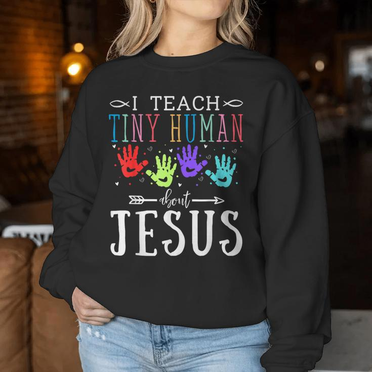 I Teach Tiny Humans About Jesus Teacher Sunday School Squad Women Sweatshirt Personalized Gifts
