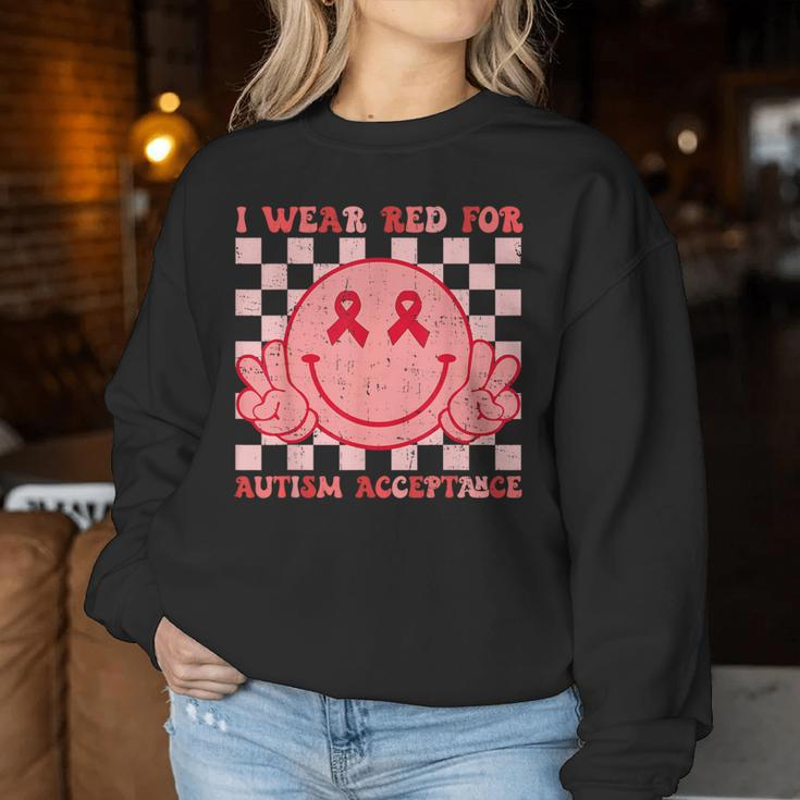 I Wear Red For Instead Autism-Acceptance Groovy Smile Face Women Sweatshirt Funny Gifts