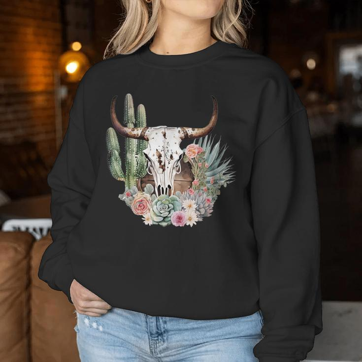 Western Boho Chic Longhorn Bull Skull Cactus Beige Pattern Women Sweatshirt Personalized Gifts