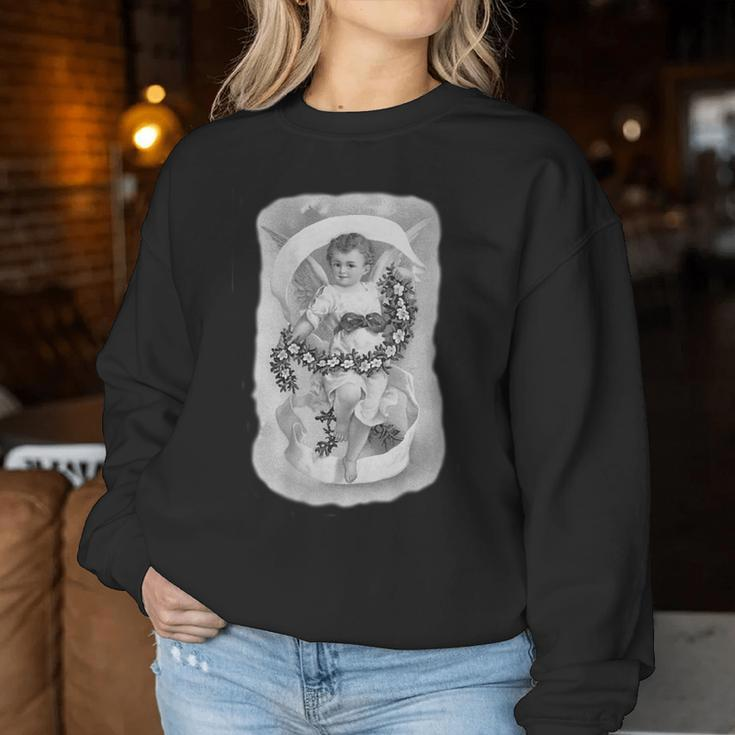 Young Vintage Angel With Flower Garland In Monochrome Women Sweatshirt Unique Gifts