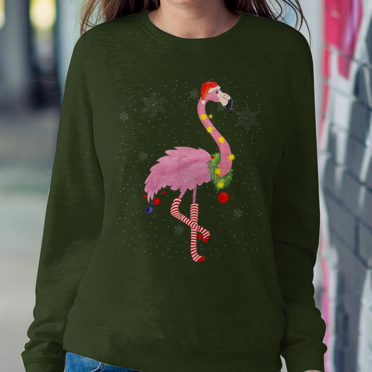 Cute Pink Flamingo With Snow Lights And Santa Hat Christmas Women Sweatshirt Unique Gifts