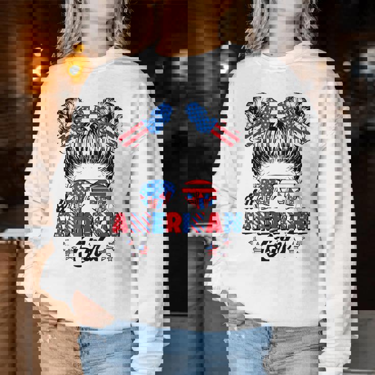 All American Girl Messy Bun Patriotic 4Th Of July Women Sweatshirt Unique Gifts