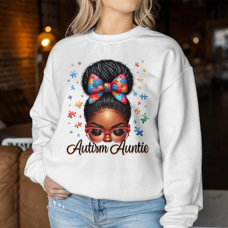 Autie Aunt Life Afro Black Autism Awareness Messy Bun Women Sweatshirt Unique Gifts