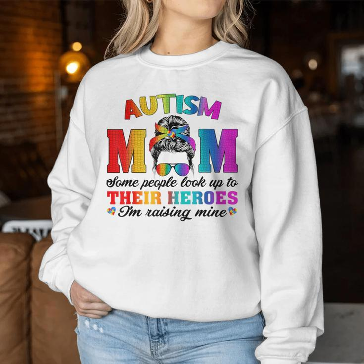 Autism Mom Raising Hero Groovy Messy Bun Autism Awareness Women Sweatshirt Funny Gifts