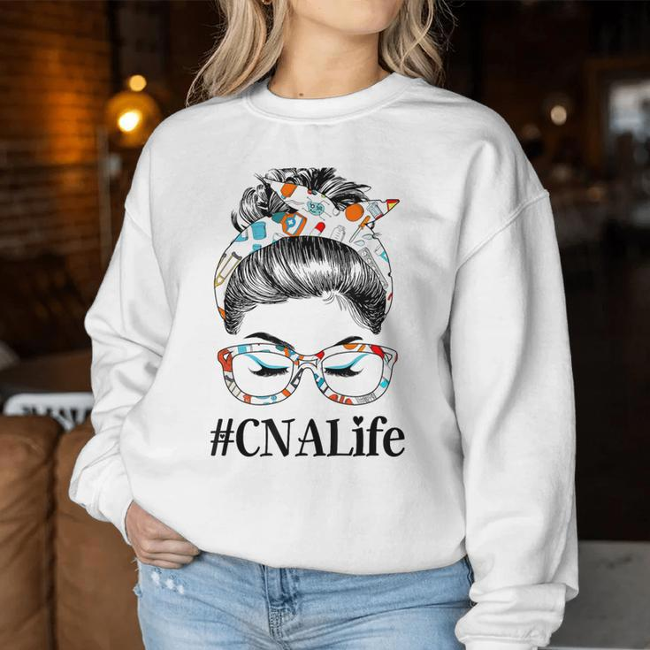 Cna Life Messy Hair Woman Bun Healthcare Worker Women Sweatshirt Personalized Gifts