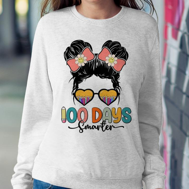 Cute 100Th Day Of School Girls Messy Bun 100 Days Smarter Women Sweatshirt Unique Gifts