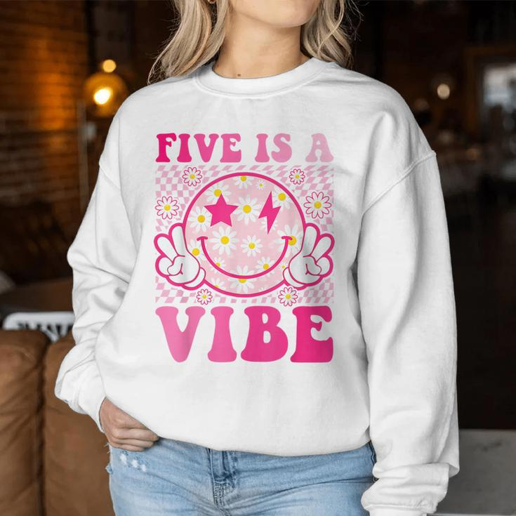 Five Is A Vibe 5Th Birthday Groovy 5 Years Old Smile Face Women Sweatshirt Unique Gifts